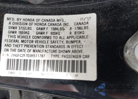 2018 Honda Civic Ex из США, поврежденный, VIN 2HGFC2F70JH511787